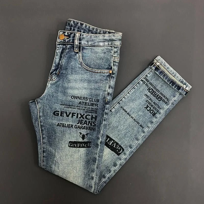 

Spring and Autumn New Fashion Trend Printed Straight Leg Elastic Jeans For Men's Casual Retro Sports High-Quality Jeans 28-36