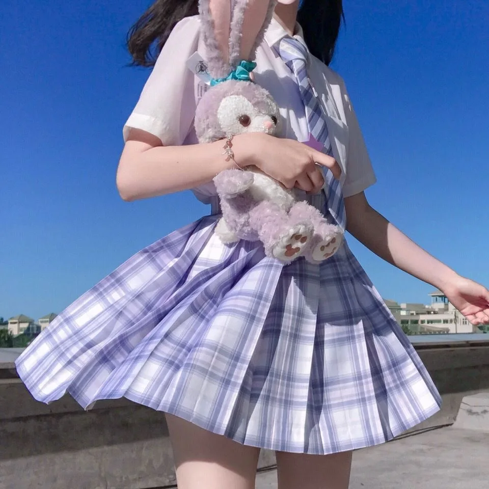 [Starlight] New Long/Short sleeve Summer High Waist Plaid Pleated Skirts Women Dress JK School Uniform Students Girls Clothes