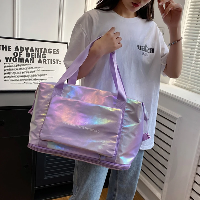 Iridescent Yoga Fitness Holographic Waterproof Glossy Excursion Large Capacity Folding Storage  Handheld Student Travel Bag