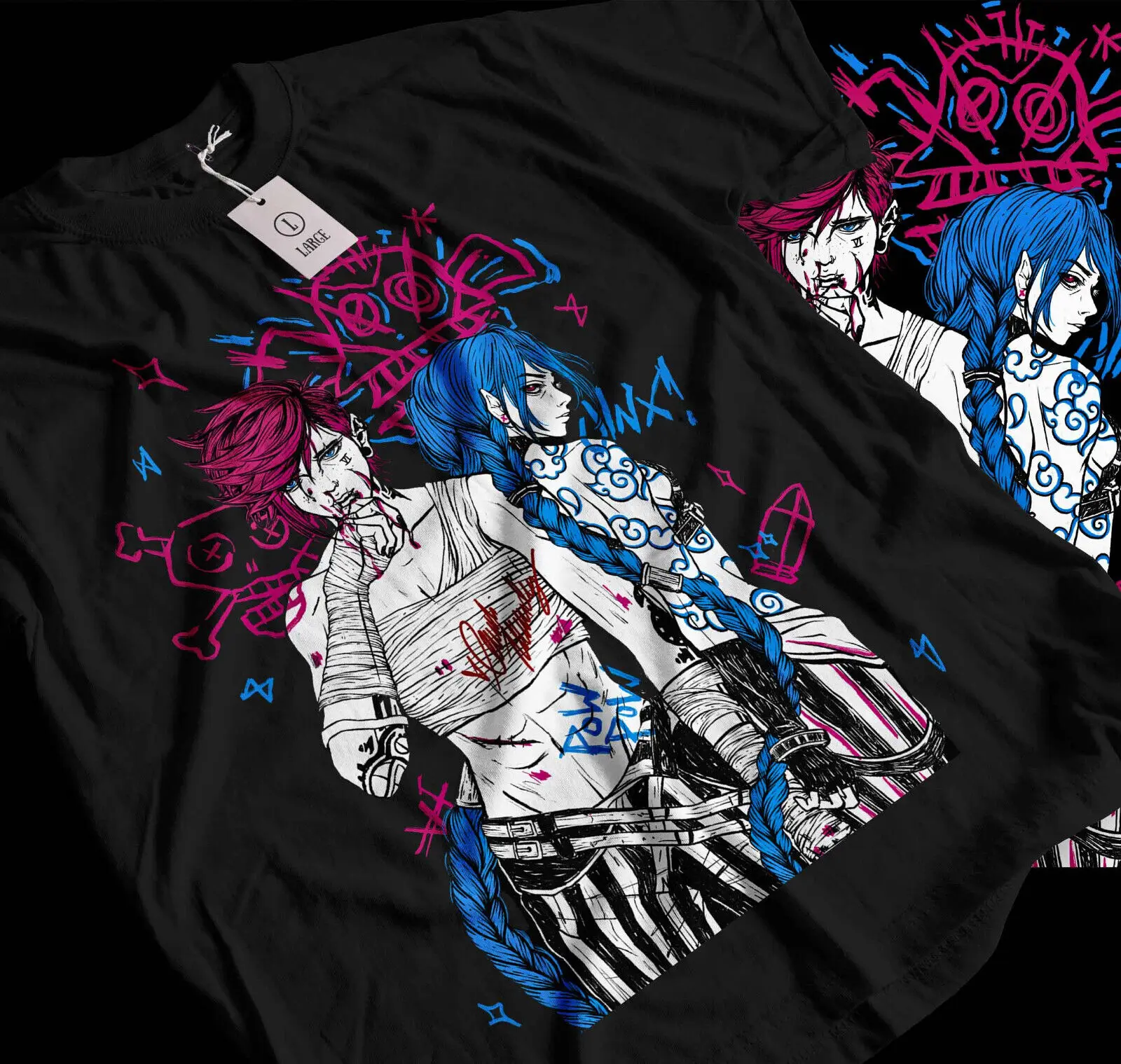 Jinx Arcane T-Shirt Japanese Anime Cartoon Jinx Black T-Shirt 060