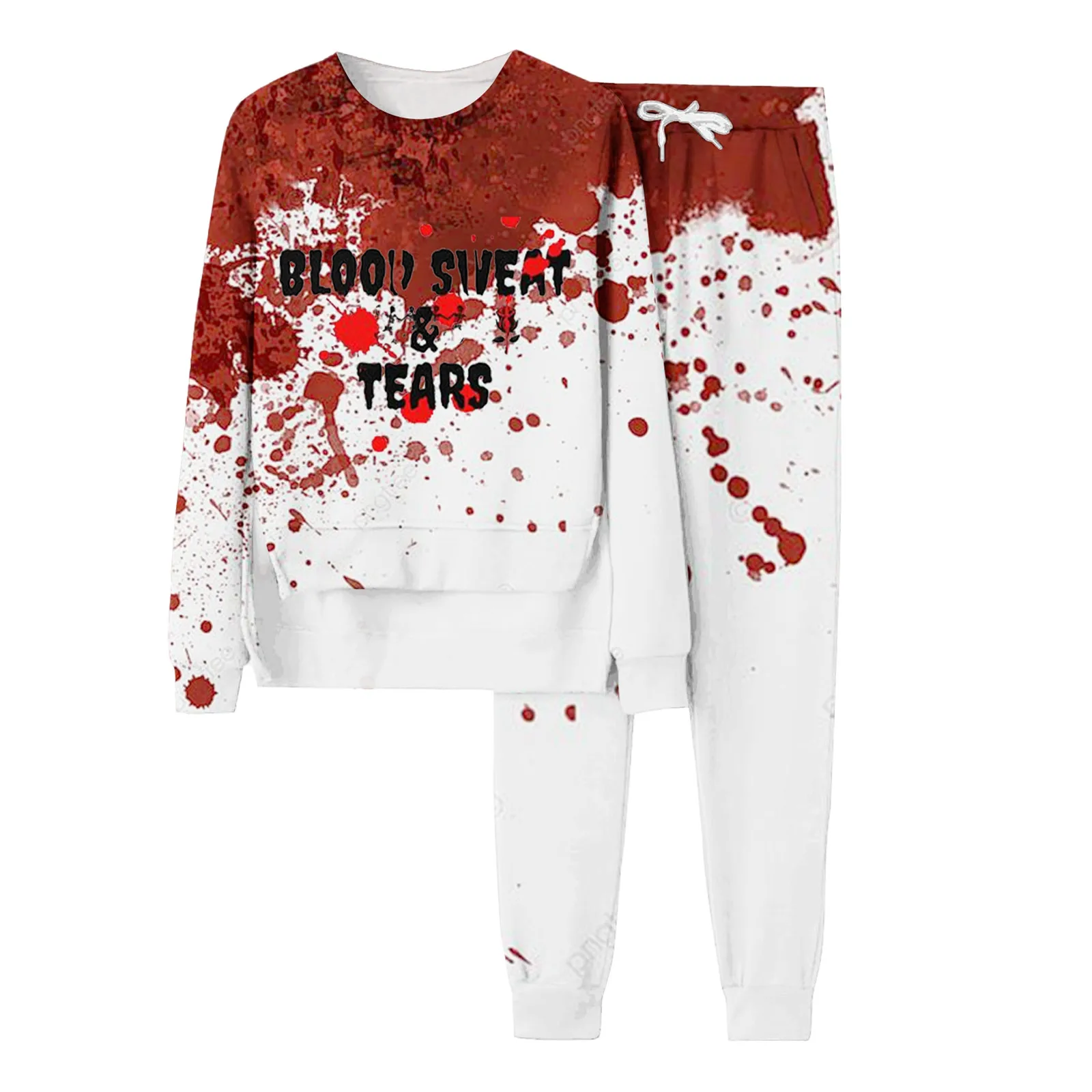 Women'S Halloween Bloody Alphabet Print Pantsuit High-Waisted Drawstring Pants And Crew-Neck Lantern Sleeve Hoodie 2-Piece Set