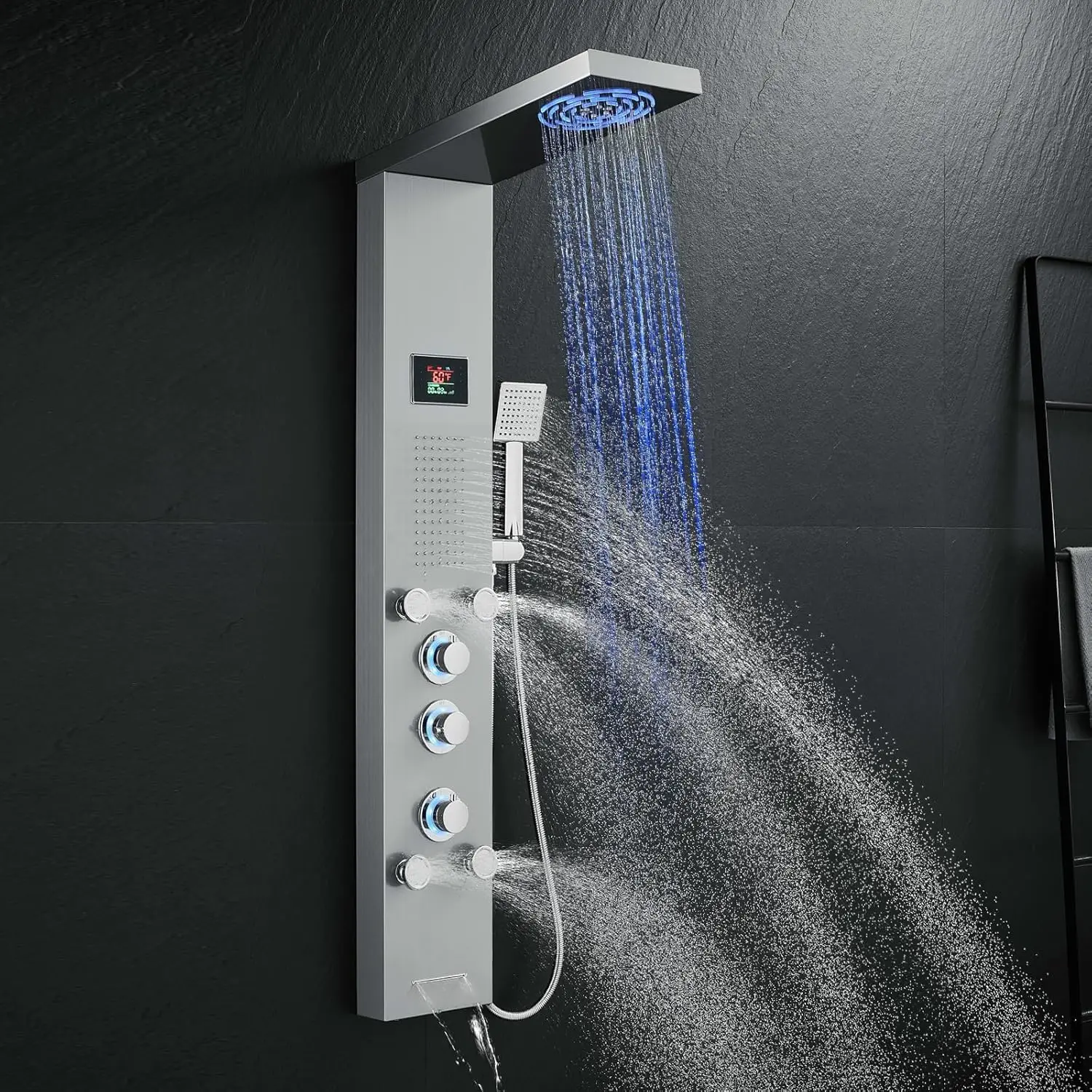 

ROVATE LED Shower Panel Rainfall Head Body Jets Handheld Tub Spout No Battery Needed Shower Tower System Stainless Steel Brushed