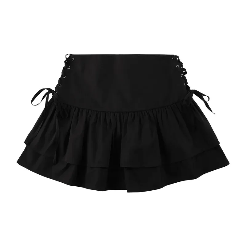 Gothic Pleated A-Line Mini Skirt Sexy Bandage Ruffle Tiered Skirt Women High Waist Solid Criss Cross Tie Up Skirts