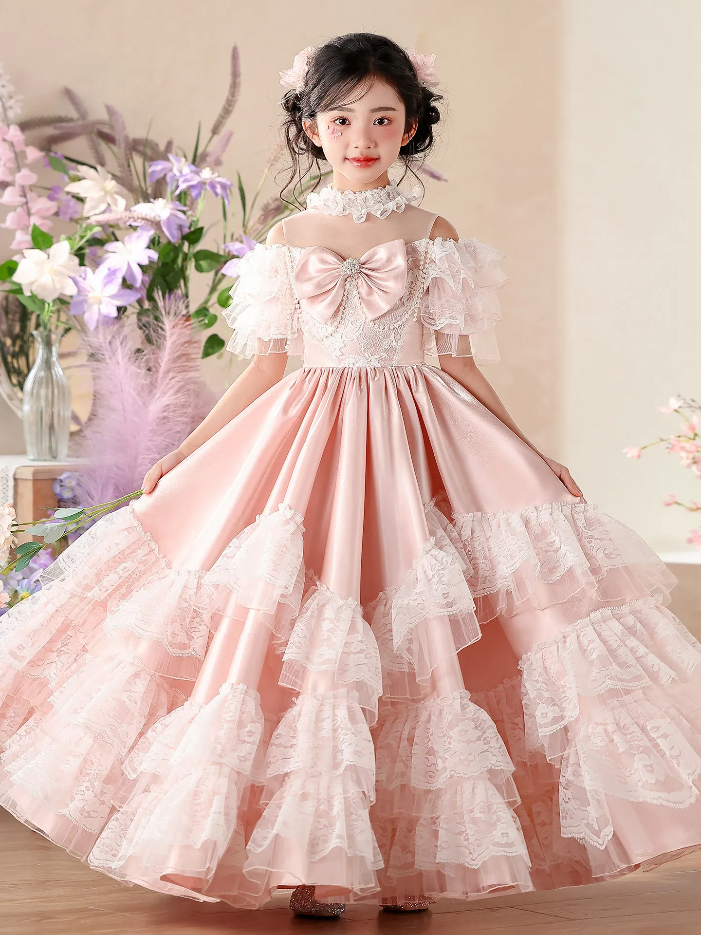 Custom JDY High Off Shoulder Bow Lace Ruffle Satin Flower Girl Dress Wedding Gown Birthday Party Pageant Dress فساتين اطفال