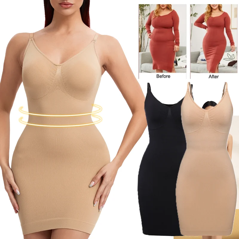 

Women Full Slip Shapewear Tummy Control Bodysuit Seamless V Neck Underdress Sexy Butt Lifter Corsets Slimming Camisole Shaper