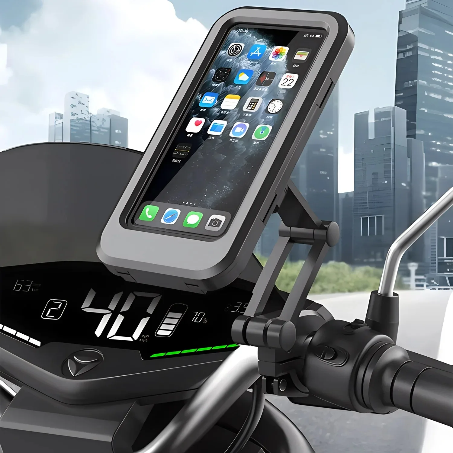 Supporto per telefono da bicicletta Scatola per telefono impermeabile Custodie per touch screen Motore per bici Manubrio per moto Cellulari Supporto GPS Ruota pieghevole