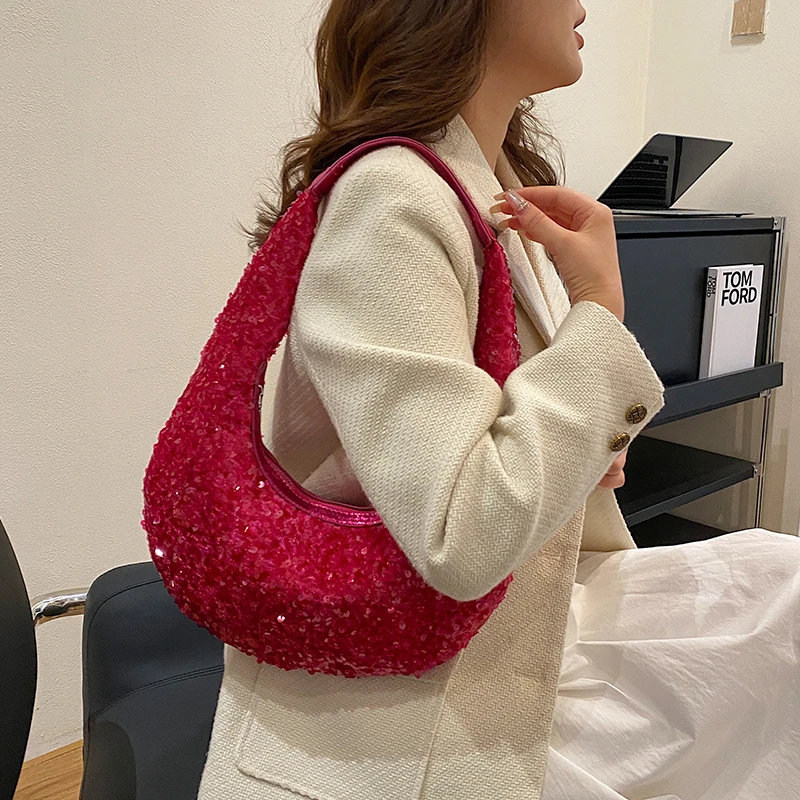 Summer Fashion Small Sequin Half-moon Underarm Bag for Women 2024 Trend Shiny Evening Bag Female Party Wedding Clutch Handbag