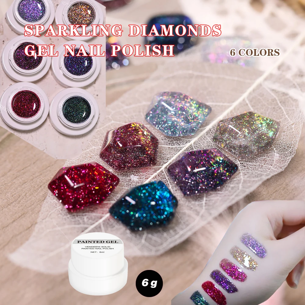 

Vendeeni 6 Colors/Set Glitter Broken Diamond Gel Nail Polish Soak Off UV LED Sparkling Sequins Manicure Nail Varnish Lacquer