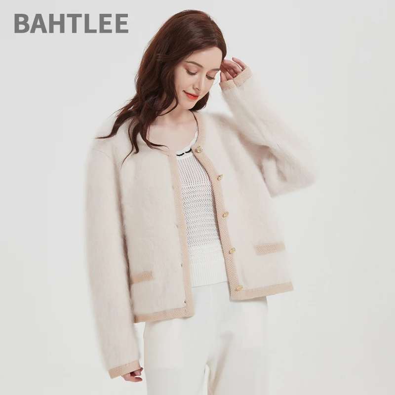 BAHTLEE-Women\'s Angora Knitted Cardigans, Single-Breasted Sweater, Wool Coat, Long Sleeves, O-Neck, Pocket, Autumn