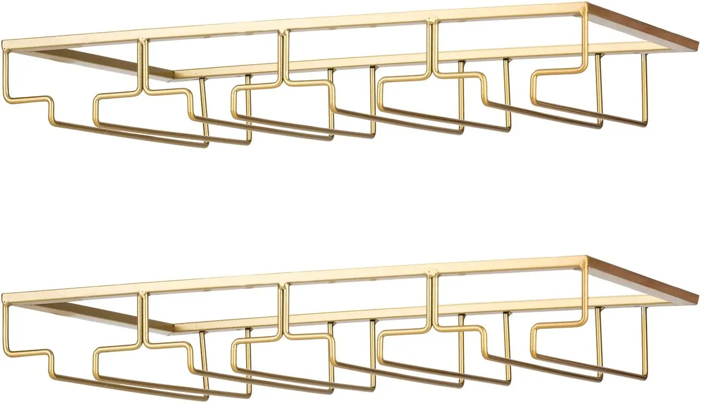 Under Cabinet Stemware Holder - Metal Wine Glass Rack Organizer for Kitchen Bar Storage, Gold Finish