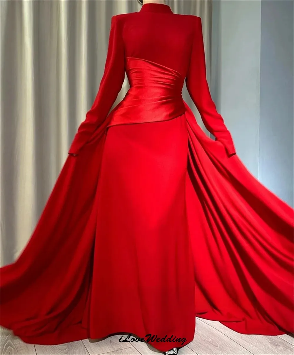 فستان سهرة أحمر مخصص برقبة عالية 2025 بأكمام طويلة أنيق لحفلات الزفاف على شكل حرف a فساتين رسمية للنساء سويب تراين