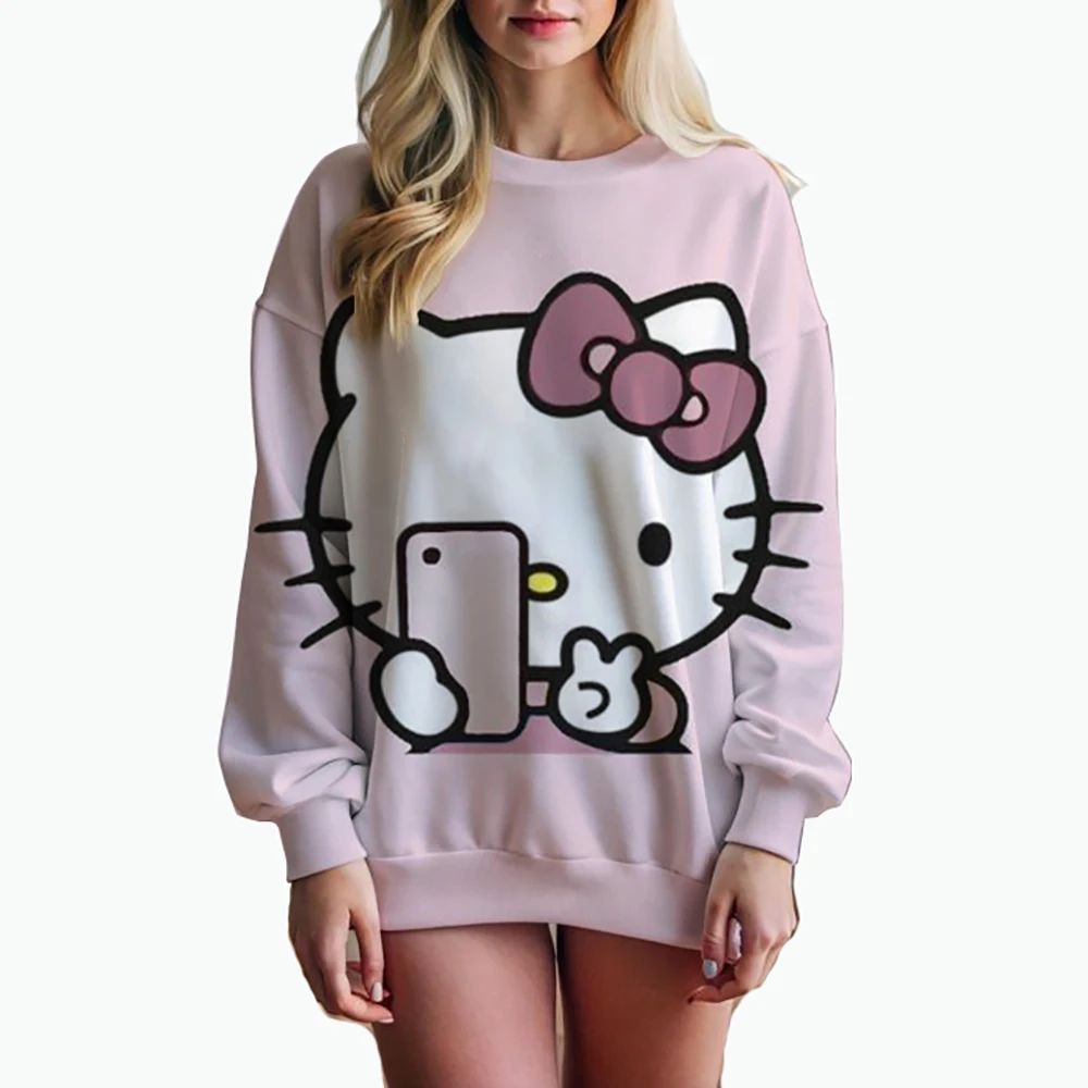 

Women's Hello Kitty Printed Sweatshirt, High Street Women's Hoodie, Y2K Pattern Clothing, Casual Round Neck Sweater