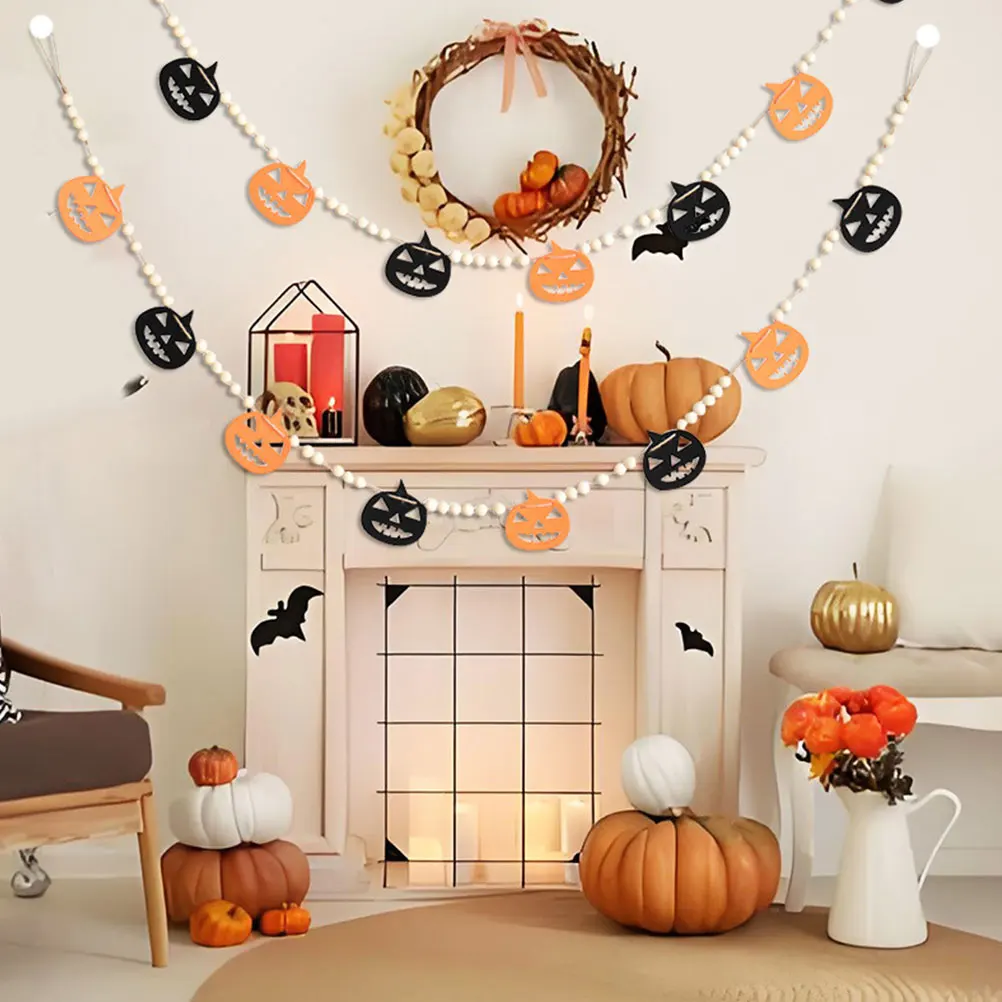 

2Pcs Wood Bead Garland Halloween Rustic Farmhouse Beaded Garland Hanging Ornament Wall Hanging Decoration Rustic Wall Decor