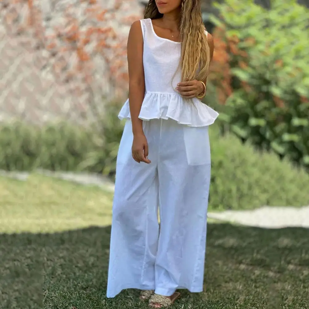 

Sleeveless Top Wide-leg Pants Set Stylish Women's Top Pants Set with Pleated Ruffle Detail Sleeveless Loose Vest Wide for Daily