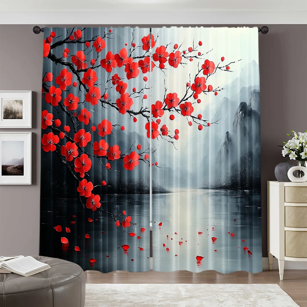 2pcs, spring summer Curtains red plum blossom Sheer Curtains Versatile Polyester Outdoor Decorations Perfect for Bedroom Office