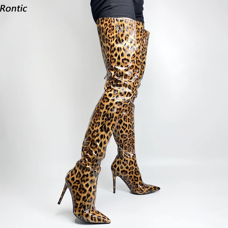 

Rontic женские зимние сапоги до бедра с лакированной молнией сзади на шпильке с острым носком супер пикантные леопардовые туфли для ночного клуба размер США 5-15