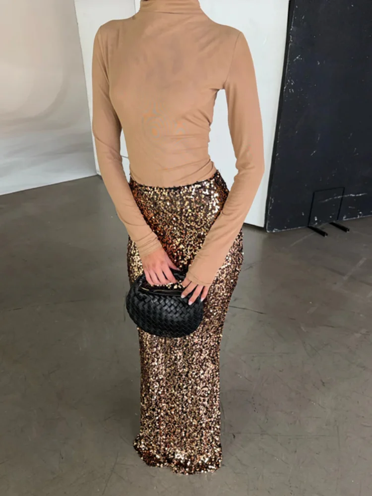 

Шикарная длинная тонкая юбка с пайетками, женский однотонный комплект с длинными рукавами и воротником-стойкой, макси-юбки с высокой талией, 2026, женский вечерний наряд