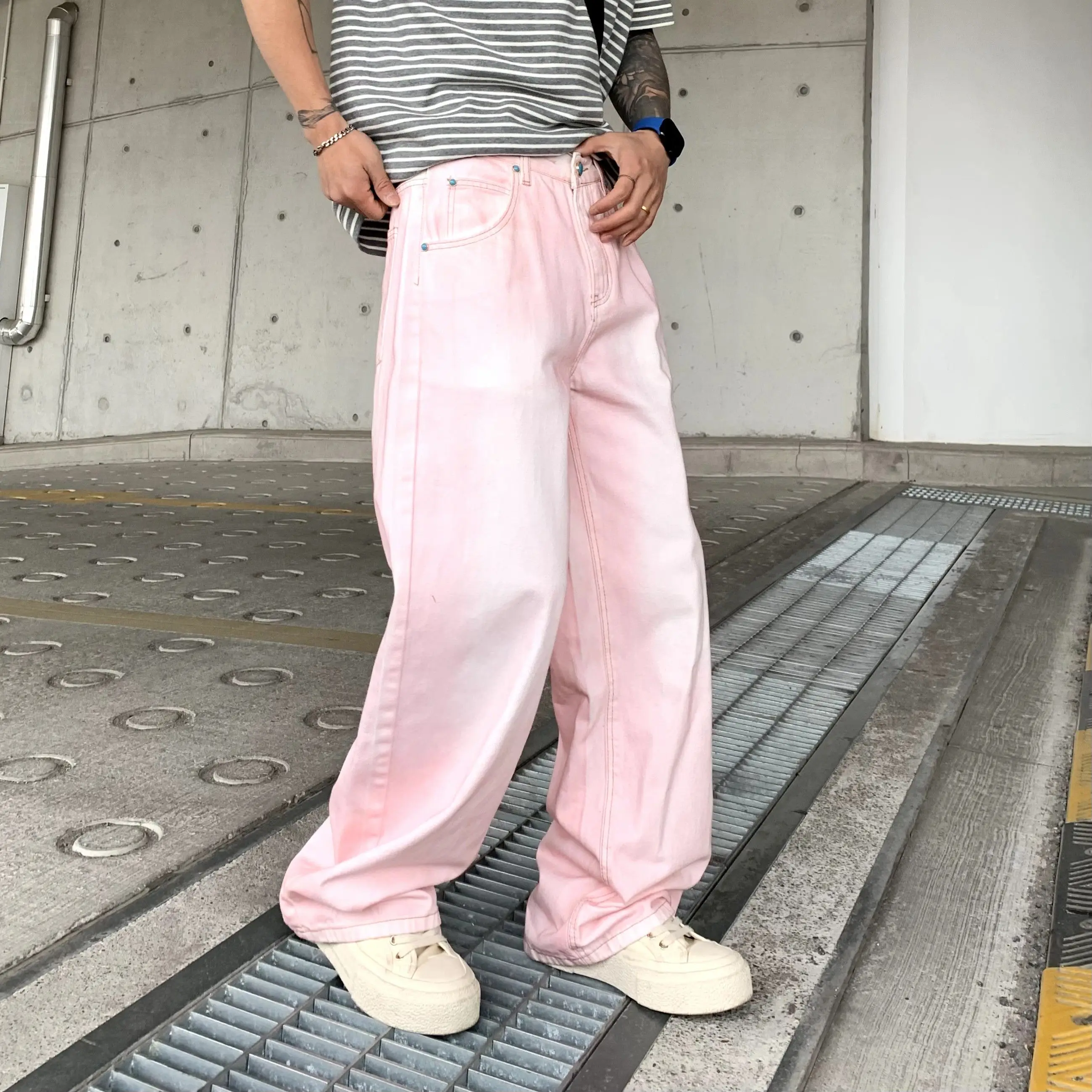 Calça jeans masculina rosa, perna larga, cor tingida, ajuste solto, algodão, jeans, masculina