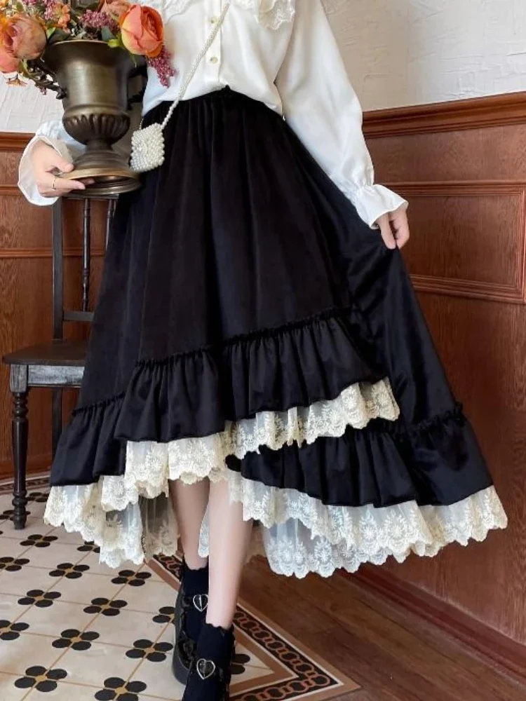 Black Lace France Vintage Skirt Women Elastic Casual Elegant Party Midi Skirt Female Lace Irregular Y2k Skirt Autumn Winter 2024