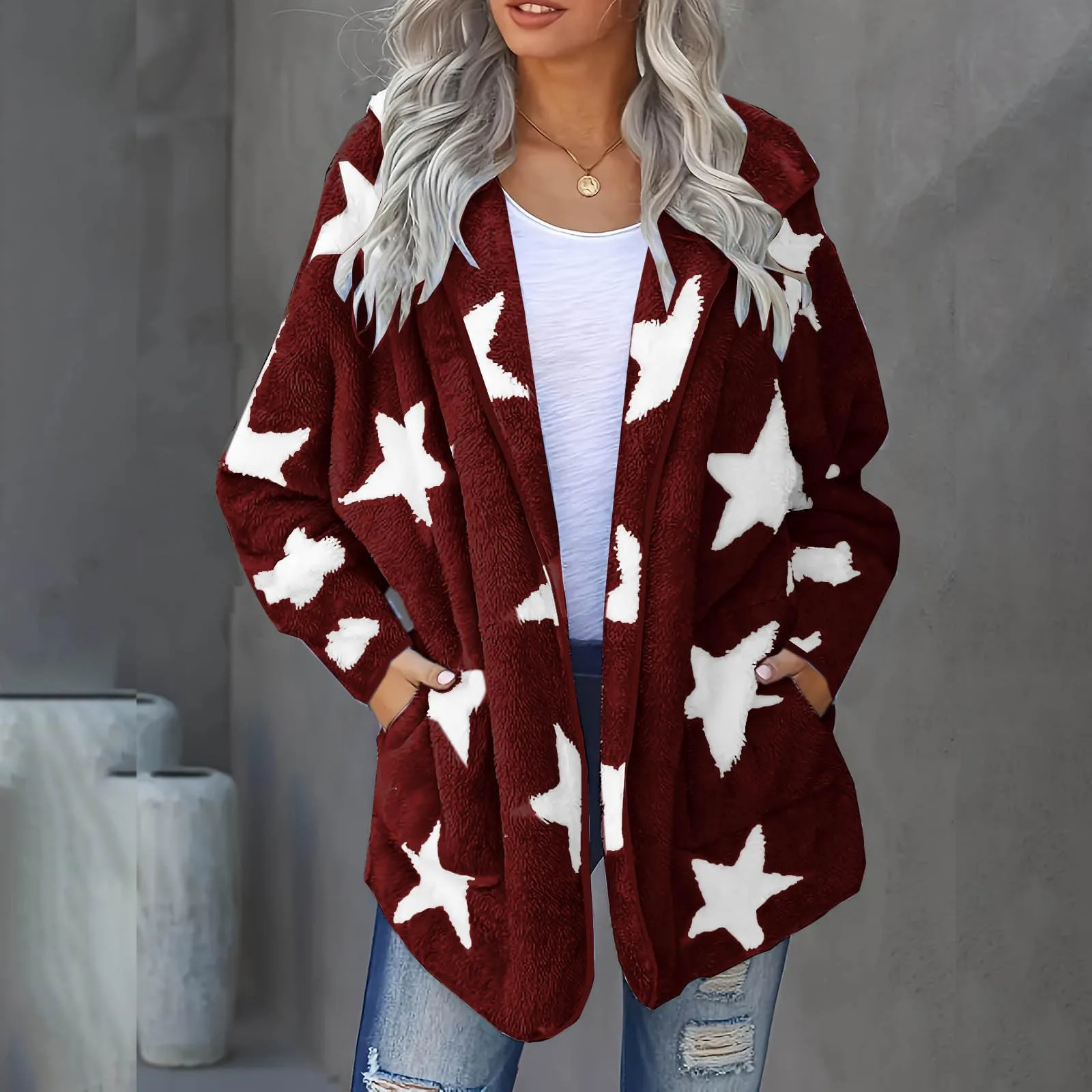 Women's Stars Print Long-sleeved Cardigans Fleece Loose And Warm Mid-length Plush Windbreaker Female Coat Fleece Jackets