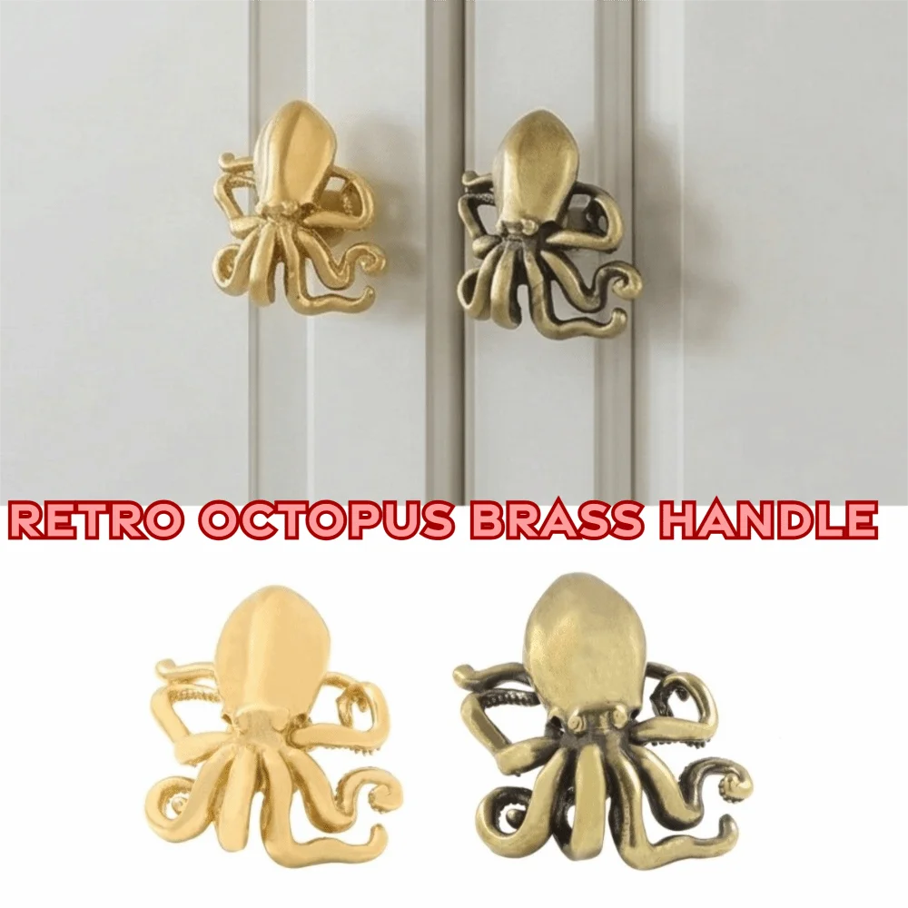 

Marine Fish Retro Octopus Brass Handle Vintage Single Hole Cabinet Door Knobs Push-pull Gold Wardrobe Drawer Pulls Window