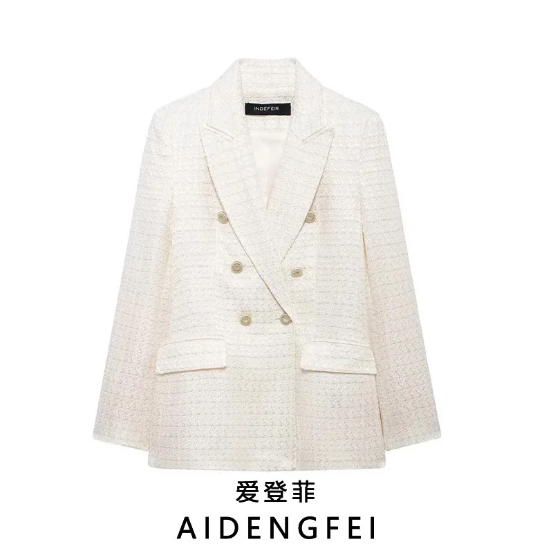 

Женский двубортный текстурированный пиджак с длинными рукавами, модный повседневный пиджак в западном стиле, европейско-американский осенне-зимний новый