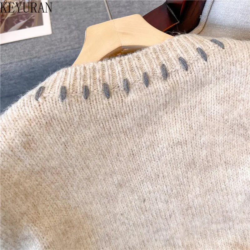 Denim Patchwork Sweater Women Pullovers Autumn Winter 2024 O-Neck Long Sleeve Tops Loose Heart Chic Simple Knitted Jumpers Femme