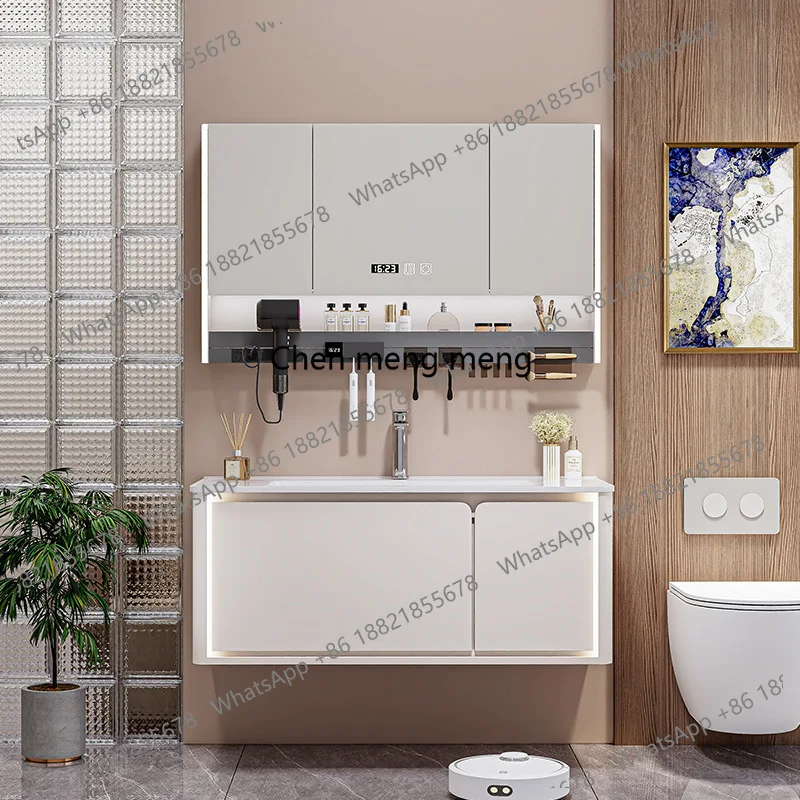 Ambient Lighting Bathroom Cabinets Rubber Wood Lacquered Door Panel Bathroom Cabinets Ceramic Washbasin Furniture