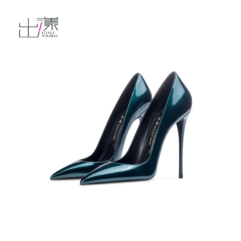

New pointed shallow mouth dark green patent leather versatile high heels,slim heels,elegant and sexy single shoes for socialites