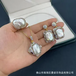 Natural Baroque pearl inlaid tourmaline three-piece set European and American popular jewelry natural stone French vintage