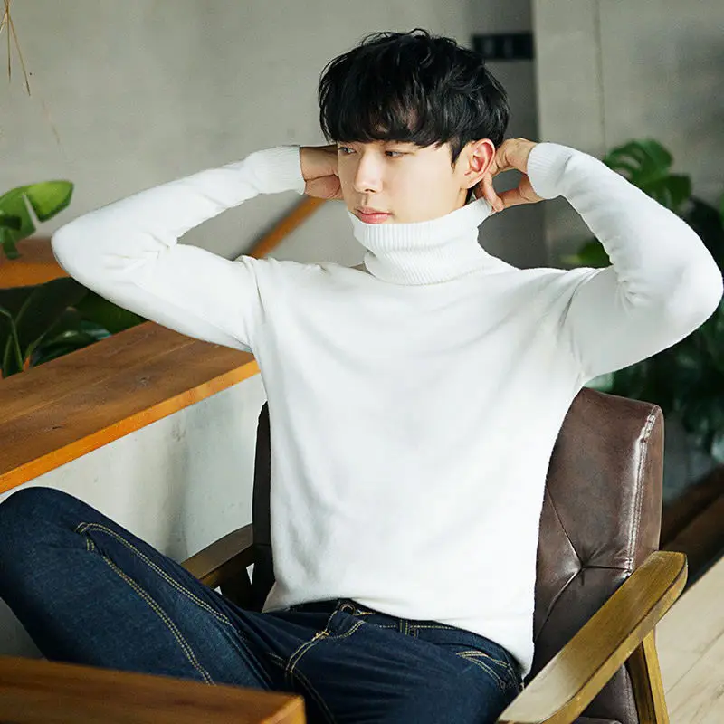 Men's High Collar Sweater 2024 Autumn Winter New Sle Fce Warm Bla Base irt for Work Flip Collar Slim Fit Long Sve
