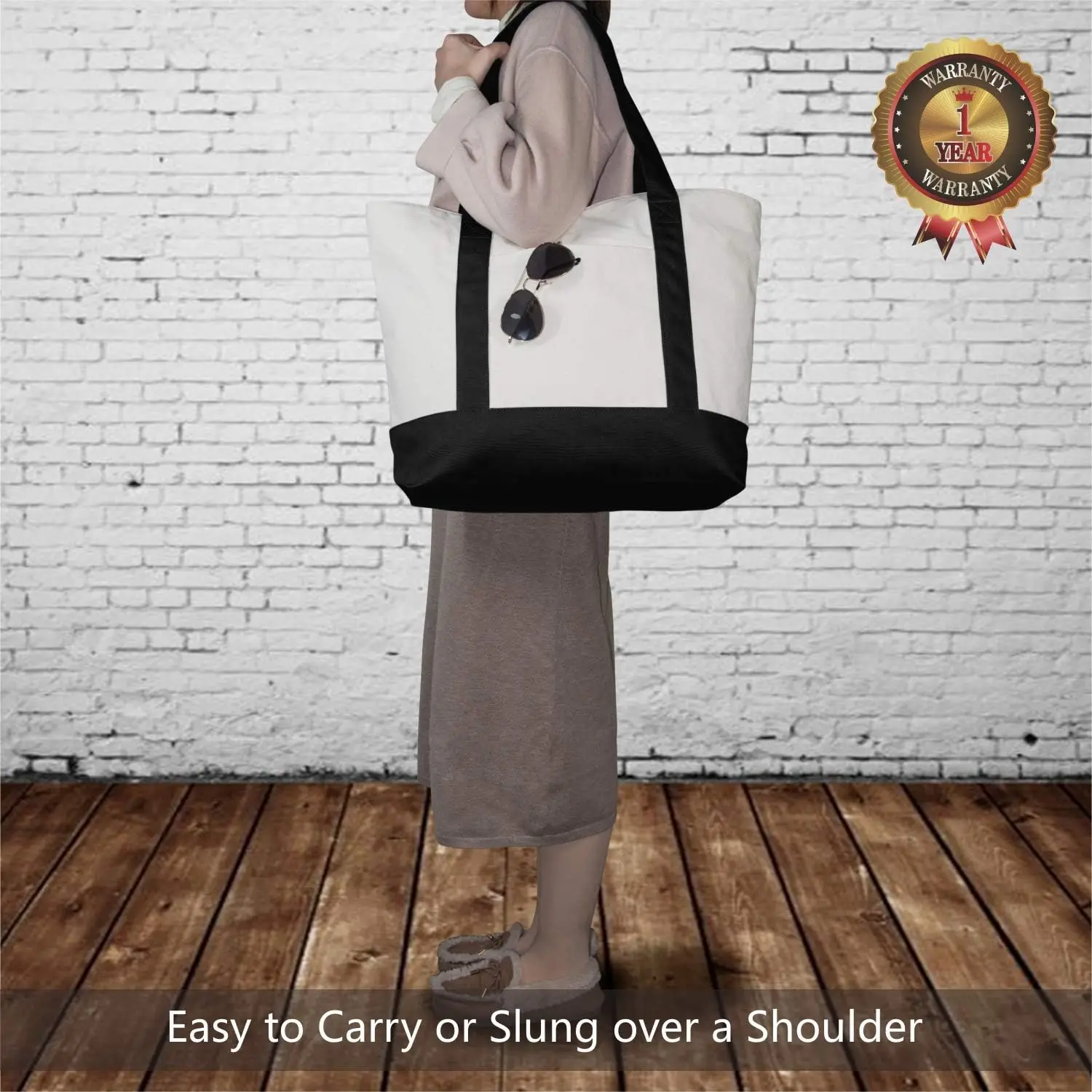 TOPDesign 1 | 3 | 6 | 30 Pack Canvas Tote Bag with an External Pocket, Reusable Grocery Shopping Bag, Top Zipper Closure, Daily