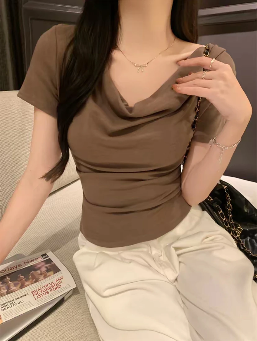 

Summer 2026 New Style Women's T-shirt One Shoulder Sleeveless Waist-Cinching Pleated Slim Fit Top Simple Design Color