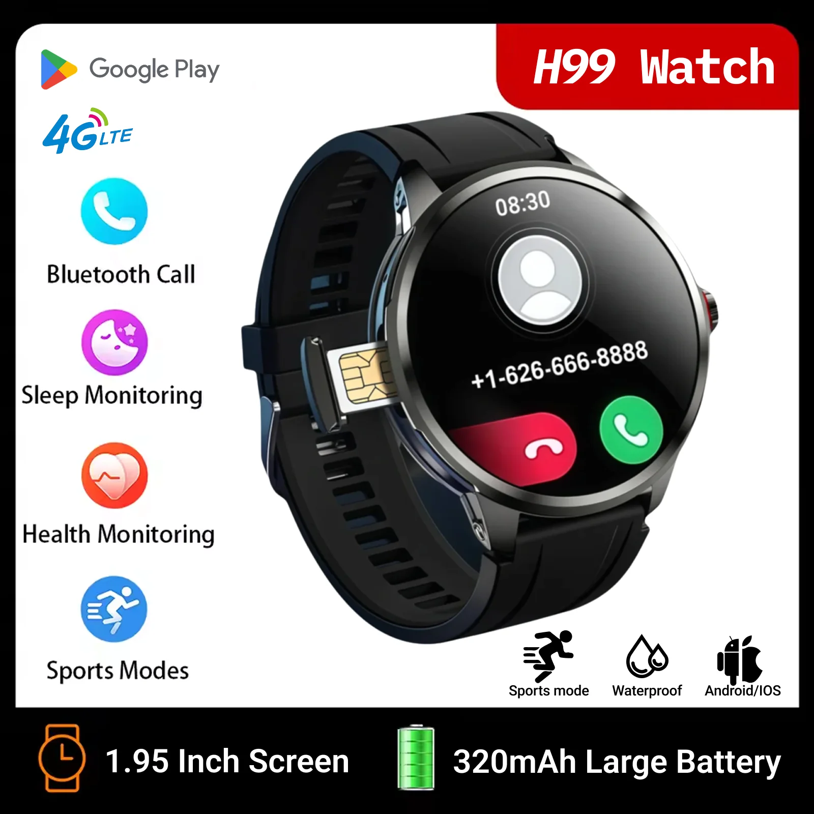 

Новинка 2023 года, умные часы H99, глобальная сеть 5G, дисплей 1,95 дюйма, магазин Google Play, поддержка игр и видео, GPS + Wi-Fi, двойное позиционирование