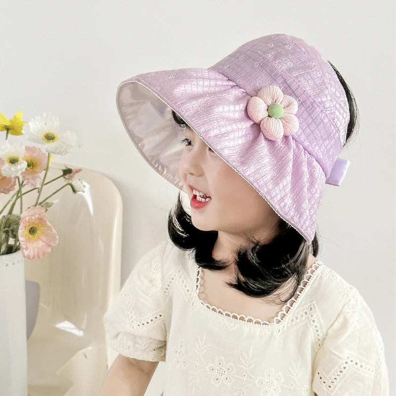 

5 Colors Summer Cute Floral Girls Hat Wide Brim UV Sun Protection Bucket Hat Kids Outdoor Sunshade Cap 2-8Y