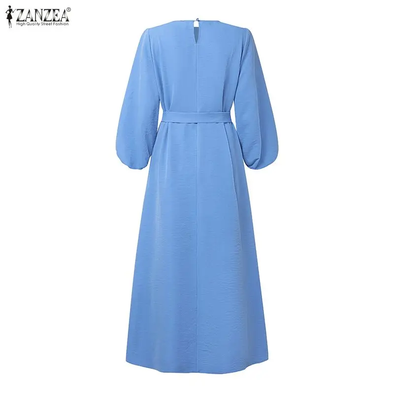 ZANZEA Muslim Modest Maxi Dress Women O-Neck Lantern Sleeve Sashed Loose A-Line Abaya Robes Islamic Hijabis Eid Ramadan Kaftan