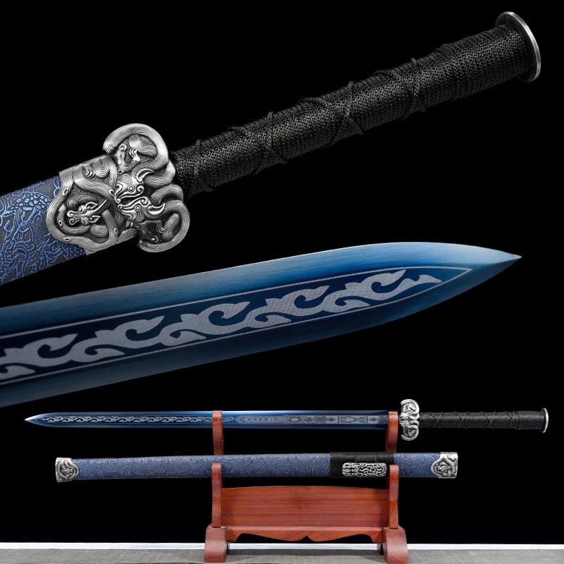 

107cm Medieval Han Jian Sword 1060 Carbon Steel Blue Blade Real Full Tang Sharp Ready Battle Samurai Swords Kongfu Dragon Katana
