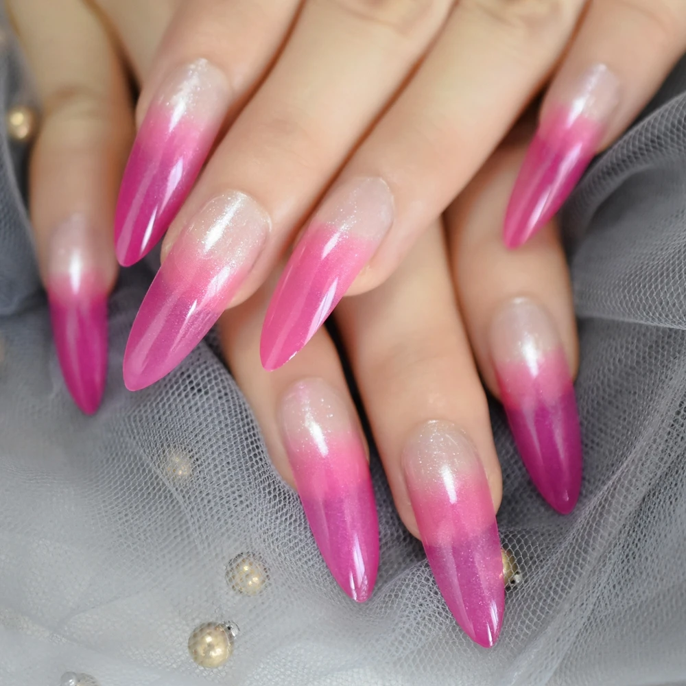 Gradient Rose สีชมพู French Stiletto เล็บปลอมยาวพิเศษชี้เจลกดบนเล็บปลอม Salon Party Finger กาวสวมใส่