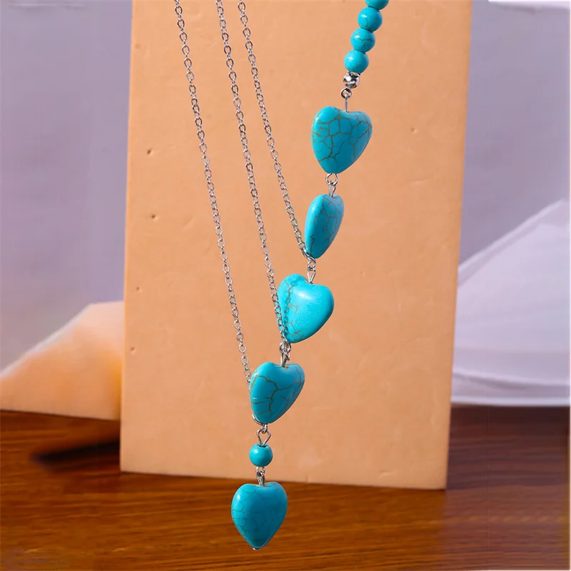 Aihua Böhmen Türkis Stein Herz Halskette für Frauen Halsband Collier Femme Ethnische Halsketten Statement Schmuck – Detail 5