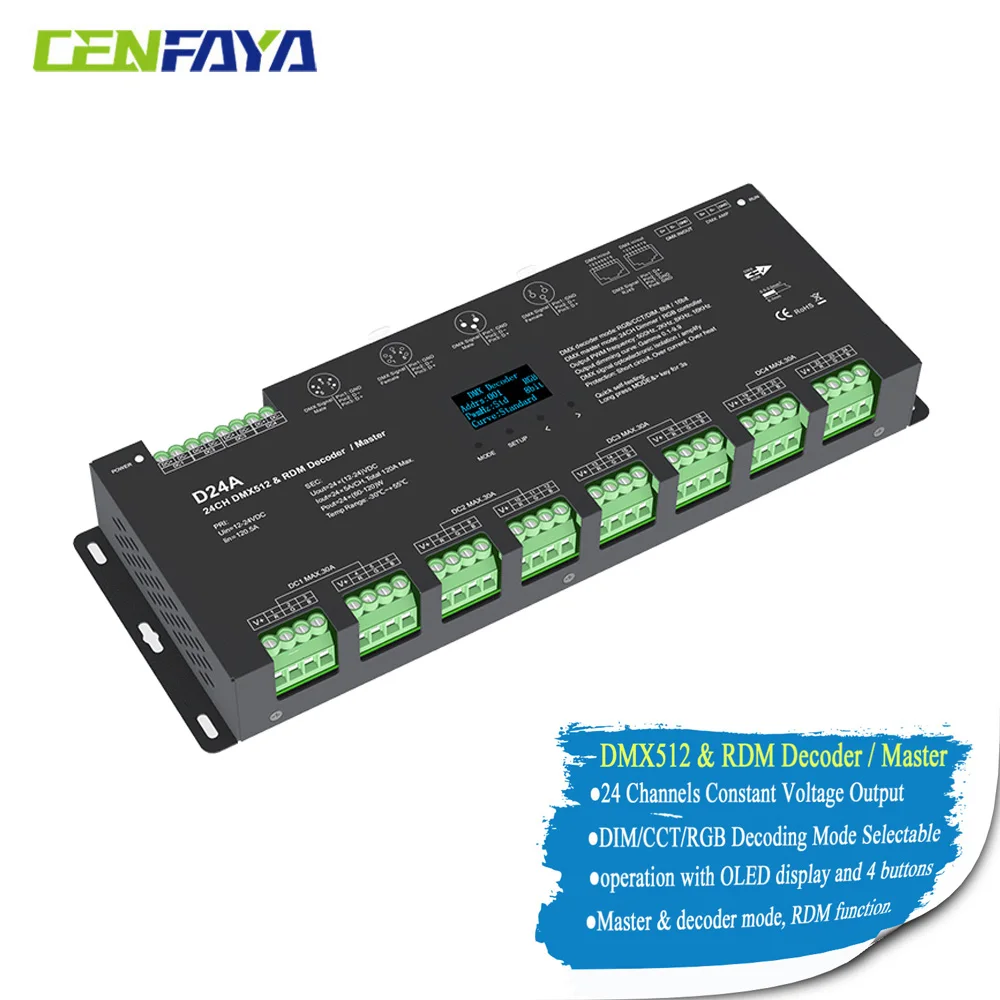 

24 Channel RGB 5A/CH RDM Function DMX512 Master Led Decoder Dimmer With OLED Display Flicker Free Smoother Dimming DC 12V-24V