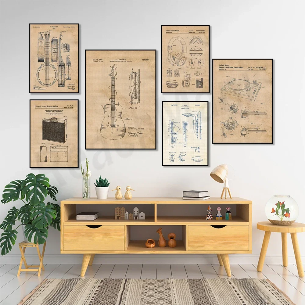 Retro guitar amplifier speaker, headphones, vinyl record player turntable, banjo, saxophone instrument patent music poster gift