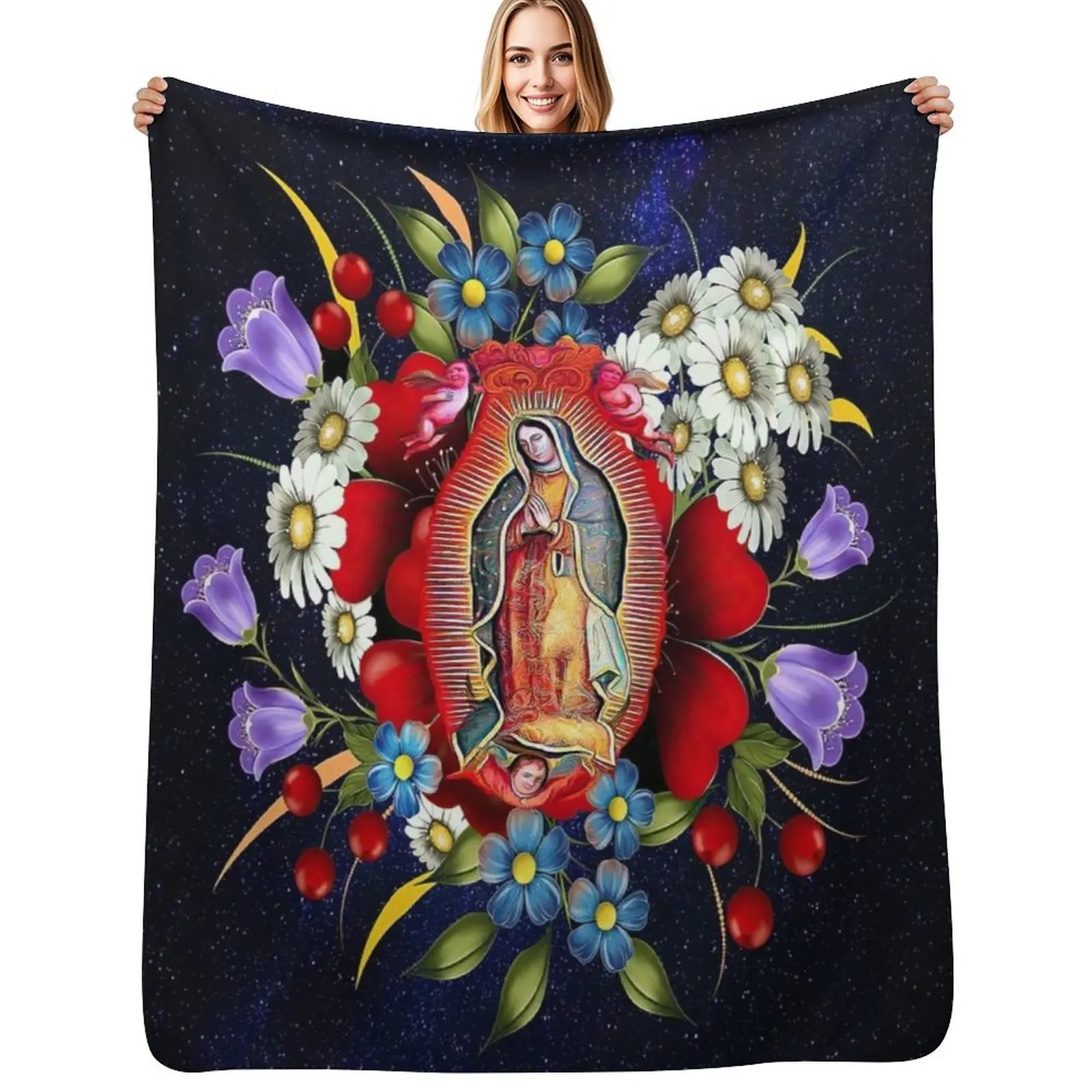 

Our Lady of Guadalupe Mexican Virgin Mary Mexico Flowers Tilma Throw Blanket Wrinkle Resistant Lightweight Blanket