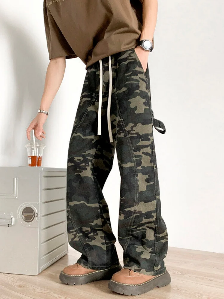

American Style Camouflage Loose Fit Men's Jeans High Street CleanFit Trendy Straight Leg Long Pants Spring Autumn Wear