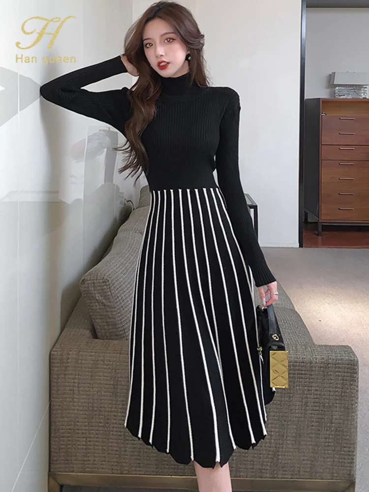 H Han Queen Jesieล Zima Gruby Sweter z golfem Sukienka Kobiety Eleganckie Smukลe Sukienki Casualowe A-Line Proste Biuro Impreza Vestidos