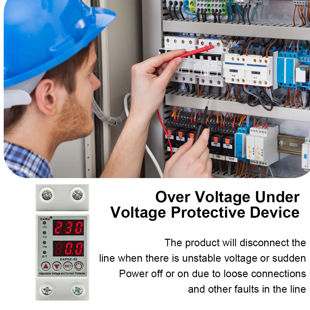 40A 63A 230V RGB Protector Relay Din Rail Over Under Voltage Protector Relay Adjustable Over Current Protection Limit