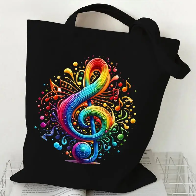 Large Capacity Black Music Note Canvas Tote Bag, Korean Style Casual Reusable Shoulder Bag for Women Girls Work School Travel