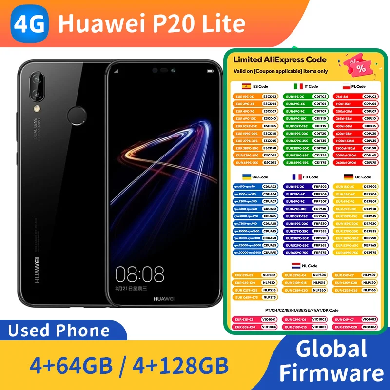 هاتف هواوي P20 Lite 4g الذكي CPU Kirin 659 بطارية 3000mAh 128GB ROM 16MP كاميرا أندرويد هاتف مستعمل أصلي