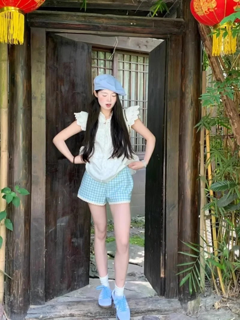 Koreanische süße Schnür hemd Plaid Shorts zweiteilige Set Frauen fliegende Ärmel Spitze Spleiß College sanfte Sommer lässig schicke Kleidung