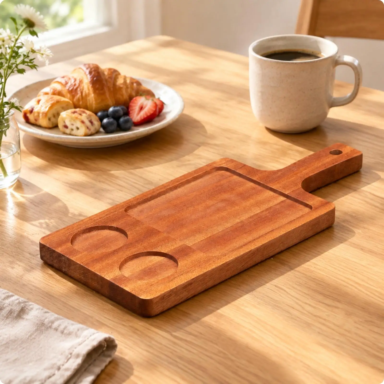 Solid Wood Serving Tray Recessed Serving Tray with Cup Wells Versatile Natural for Home Dining, Everyday Entertaining