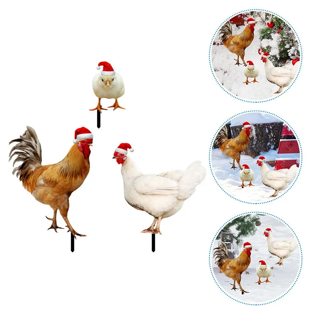 

3Pcs Christmas Chicken Stake Acrylic Yard Decoration Outdoor Garden Chick Rooster Sign Decorative Lawn Ornament